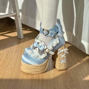 <b>Black</b> Satin Lolita Heeled Sandals With Bow And Card Decoration Chunky <b>Platform</b> High <b>Heel</b> Closed Toe Women's Shoes - Product Image 3