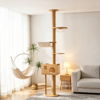 Arbre à chat en pin de 260 cm du sol au plafond avec condo, hamac, capsule et poteaux à gratter en sisal pour usage intérieur multi-chats