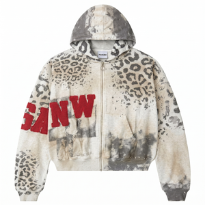 How Supplie Custom Logo Leopard Print Boxy <b>Zip</b> <b>Up</b> Hoodie 6712 Heavyweight Cotton Fleece Vintage Washed Unisex Streetwear Hoodies - Product Image 1