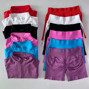 DCK-903 2pcs Long Sleeve Yoga Set <strong>Women</strong> Half Zippy Jacket Longline Sports Top Gym <strong>Shorts</strong> Fitness <strong>Suits</strong> Running Coats Workout Set - Product Image 2