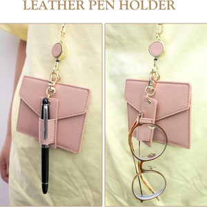 Boshiho High Quality Office Badge <b>Holder</b> Genuine Leather Credit ID <b>Card</b> <b>Holder</b> with Stretch Neck Lanyard and Pen Clip - Product Image 2
