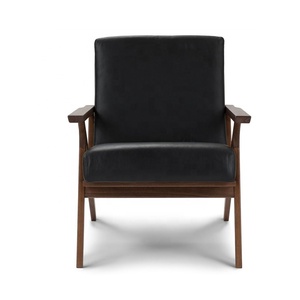 Lounge <strong>Arm</strong> <strong>Chair</strong> With Ottoman in Wood Frame <strong>Black</strong> Leather Accent <strong>Chair</strong> - Product Image 2