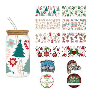 LETOP DIY UV Wraps Transferts 1PCS Merry Christmas Trees Present Cap for 16oz Libbey Glasses Bottles Cup 160z - Product Image 1