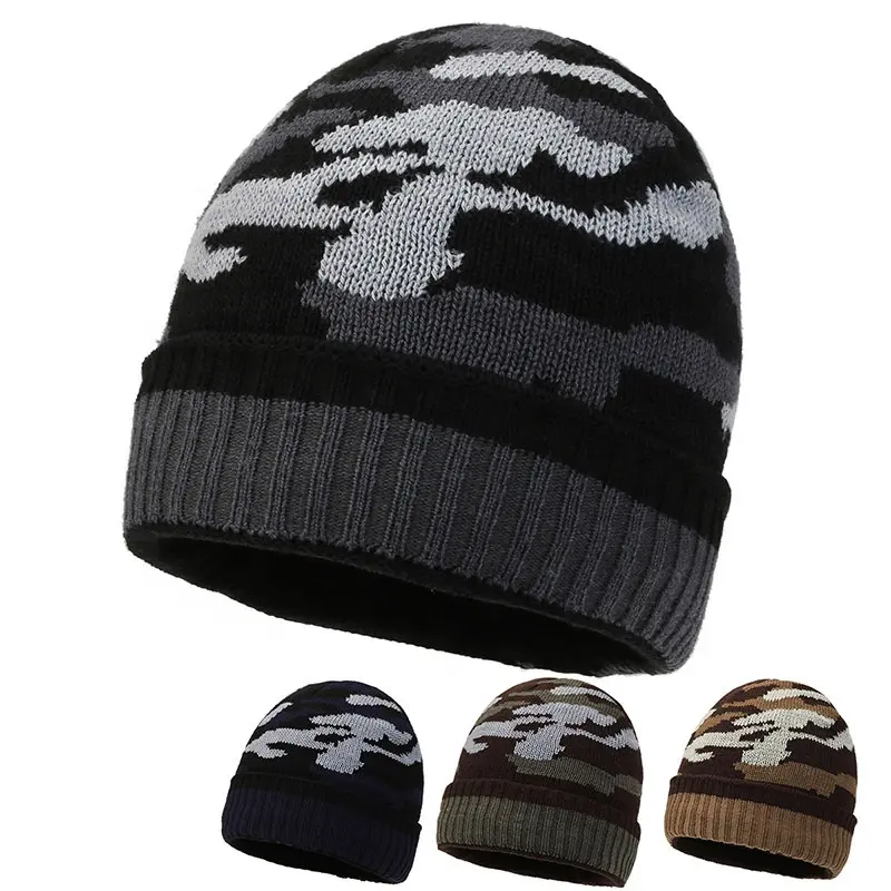 Benutzer definierte Winter Designer Soft Thicke ned Fleece gefüttert Beanie Camouflage Hut gestrickt Camo Jacquard Manschetten lose warme Winter hüte für Männer