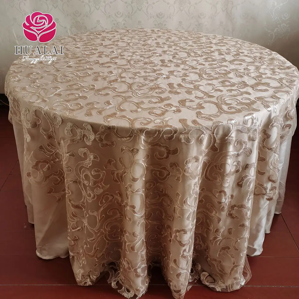 READY WHOLESALE 132" ROUND CHAMPAGNE GOLD COLOR CORALS SEQUIN EMBROIDERY TABLE CLOTH ON MESH FOR WEDDING EVENTS