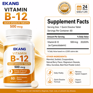 Tabletas de Vitamina B-12 de Disolución Rápida de Marca Privada, 500 mcg, Suplemento Dietético, 60 Unidades, Apoyo para la Energía y el Sistema Nervioso - Product Image 2