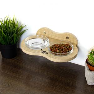 Tempat Makan Hewan Peliharaan Dinding dengan Logo Kustom, Mangkuk Kayu dengan 2 Mangkuk Kaca untuk Kucing Anjing - Product Image 1