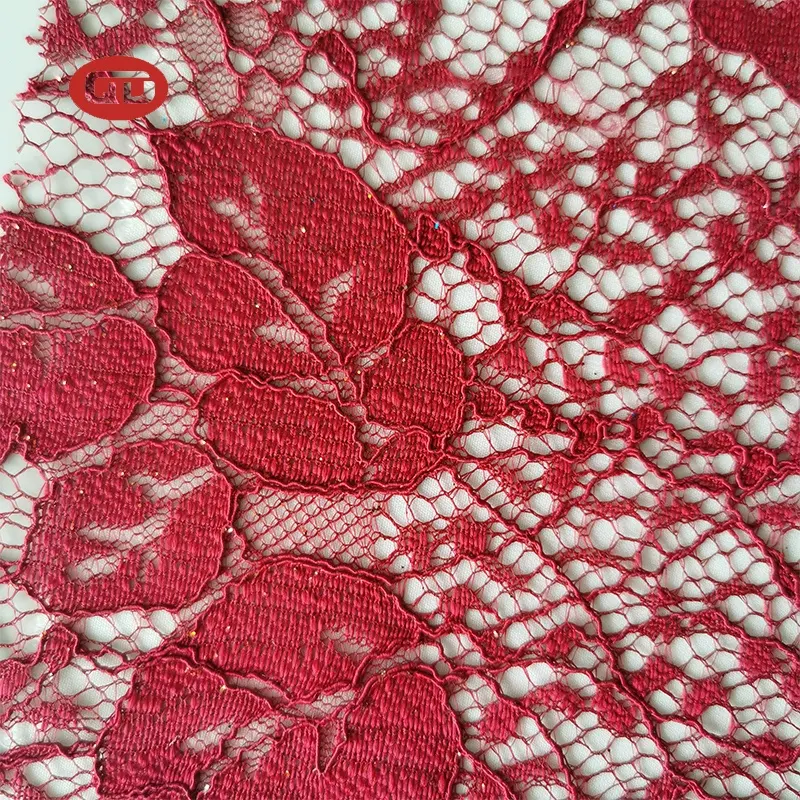 Tissu africain en <span class=keywords><strong>dentelle</strong></span> avec motifs feuilles rouges, cordon 100 polyester, pour robe, vente en gros, nouvel arrivage, vente en gros