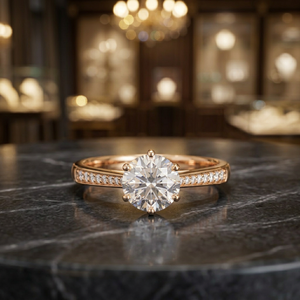 Anillo de Compromiso Clásico con Moissanita de Corte Brillante Redondo para Mujer, Oro Sólido de 18K, Chapado en Oro Rosa, Engaste de Puntas, Banda Pavé - Product Image 4