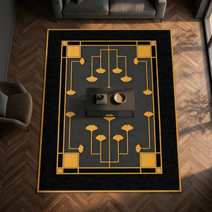Tapis de luxe en laine de Nouvelle-Zélande noir et or, style Art déco, géométrique, floral, moderne, tapis de designer - Product Image 2