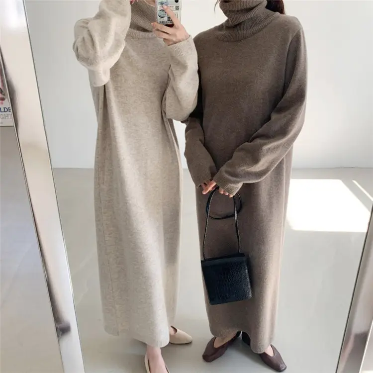 Winter Women Long Sweater Dress Knitted Long Sleeve High Neck Maxi Knitwear Ladies Casual Plain Loose Turtleneck Sweater Dresses