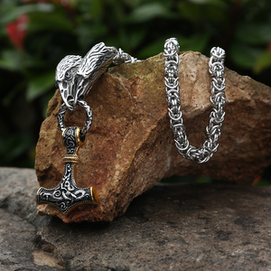 Thor Marteau collier à breloques Cadeau de Noël en acier inoxydable KingChain Loup Tête Mjolnir Marteau Collier Viking Bijoux pour hommes - Product Image 5