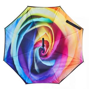 Wholesale Custom Logo Printed Double Fabric Windproof C Shape Handle Upside <b>Down</b> Inverted Reverse Rain Umbrella - Product Image 3