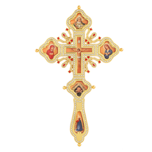 HT 40cm Orthodoxes Standkreuz, vergoldetes Kruzifix mit Strass und Ikone, Kirchenaltar-Dekoration, christliches religiöses Geschenk - Product Image 4