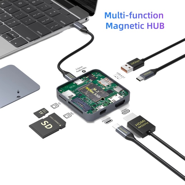 9-in-1 Multi-Function Magnetic Docking Station M.2 NVMe SSD Enclosure for 2.0 SD Card Support Aluminum Alloy ROHS Certified