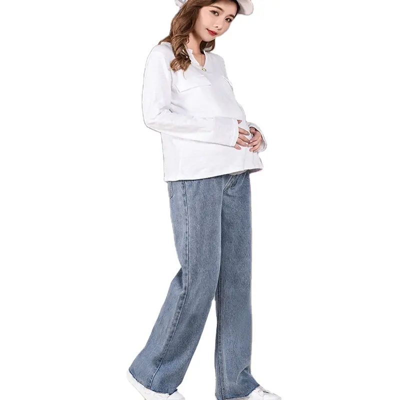 Calça feminina cintura elástica grávida, calça botão plus size roupas de maternidade
