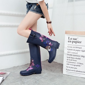Bottes <span class=keywords><strong>de</strong></span> <span class=keywords><strong>pluie</strong></span> hautes pour femmes, tendance, <span class=keywords><strong>bleu</strong></span> <span class=keywords><strong>marine</strong></span>, à fleurs, chaussures d'eau en caoutchouc, vente en gros transfrontalière - Product Image 4