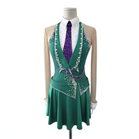 Robe de patinage artistique verte, col halter en V, maille nude, manches longues, strass, à nouer, pour enfants et adultes, compétition et performance