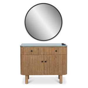 Station de coiffure de luxe sur mesure avec miroir double face arqué ovale incurvé et éclairage LED, avec table intégrée - Product Image 4