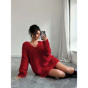 Fuzzy V Neck Knit Mini <b>Dress</b> Women's Sweater <b>Dress</b> Color <b>White</b> - Product Image 2