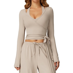 Top Deportivo <span class=keywords><strong>LANGHE</strong></span> Personalizado de Alta Calidad, de Secado Rápido, Manga Larga, Cuello en V Profundo, Estilo Envolvente, para Yoga, Running y Deportes para Mujer - Product Image 6