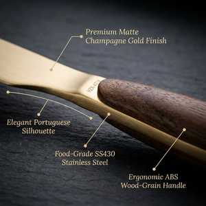 Cubertería de Acero Inoxidable 430 Estilo Portugués, Chapada en Oro Champagne y Titanio, con Mango de ABS con Diseño de Madera, Directo de Fábrica, OEM/ODM - Product Image 3