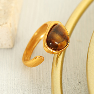 French Vintage Style Natural Tiger's Eye <b>Ring</b> <b>Titanium</b> Steel Plated 18k Gold Open Design Unisex Jewelry Gift - Product Image 3