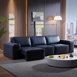 Sofá de cama retráctil eléctrico de cuero de vaca Negro Grande Normcore italiano, juego de sala de estar con función de sofá de bloque de tofu recto - Product Image 1