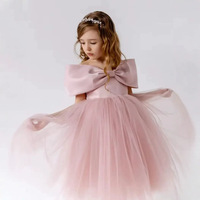 Robe de princesse rose en tulle à grand nœud et épaules dénudées pour filles, idéale pour les fêtes d'anniversaire, robe bouffante et mignonne