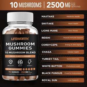 LIFEWORTH suplemen dukungan kekebalan tubuh penguat otak dewasa 10-Blended permen karet jamur kompleks surai Turki ekor <span class=keywords><strong>Cordyceps</strong></span> - Product Image 3
