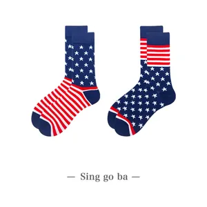 Chaussettes en coton personnalisées avec drapeau américain pour hommes, soquettes, imprimées, bleues, rouges, à rayures, Design OEM, accessoire pour cérémonie, offre spéciale,
