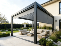 Pergola moderne en aluminium pour l'extérieur avec persiennes motorisées, protection solaire imperméable et résistante au vent pour patio et jardin