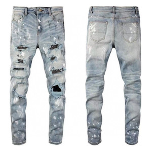 AM Foreign Trade Slim-fit Stretchy Spring Splicing Cotton Elastic Embroidery Collar <strong>Label</strong> Ripped Printed England Men's <strong>Jeans</strong> - Product Image 3