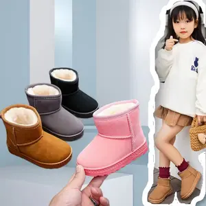 低最小起订量皮草童靴实心粉色儿童雪地鞋软橡胶鞋底女婴亚麻棉鞋童靴