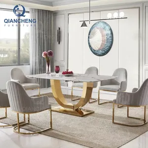 QIANCHENG Luxury Scandinavian High Grade Hotel Villa Furniture Rose Gold Natural Marble Stone Dining Room Table And Chairs