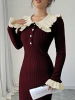 Robe midi en maille pour femme, hiver, col contrastant à volants, boutonnée sur le devant, manches longues, coupe ajustée, ourlet sirène côtelé, fabrication OEM ODM sur mesure