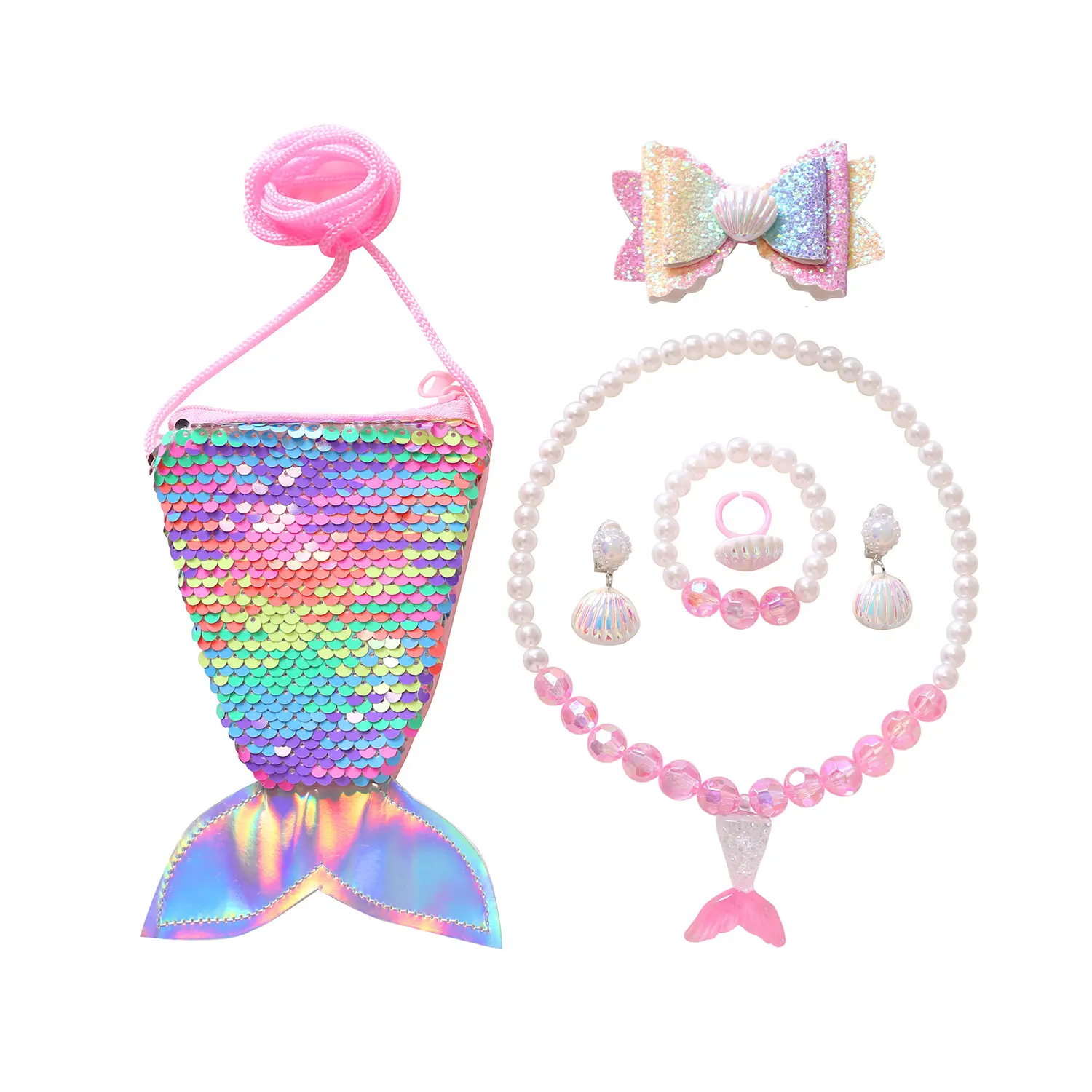 Gl Party Geschenken Kids Sieraden Set Voor Meisjes Zeemeermin Staart Tas Tas Haar Clip Ketting Armband Ring Oorbellen Voor Dress Up Set