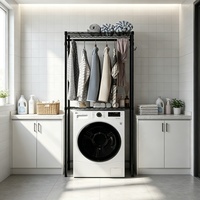 Étagère de rangement noire thermolaquée à 2 niveaux pour salle de bain, support de suspension pour vêtements au-dessus de la machine à laver et de la sèche-linge