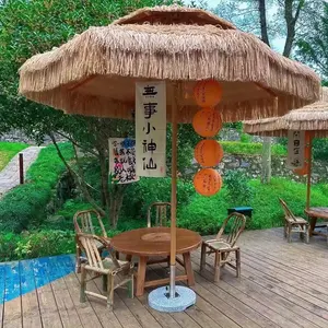 Outdoor Garden Courtyard Beach Sun Protected Parasol Artificial Straw Double Top Thatch Wood Umbrella