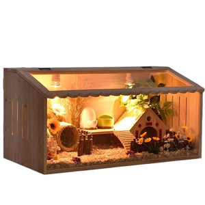 Casa de madera para hámster con iluminación y accesorios para mascotas pequeñas, color madera natural, forma rectangular, nido multifuncional para mascotas - Product Image 5