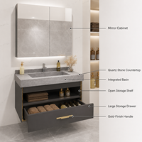 Set Meja Rias Kamar Mandi Modern yang Dipasang di Dinding dengan Kabinet Cermin LED, Wastafel Batu, dan Kabinet Penyimpanan