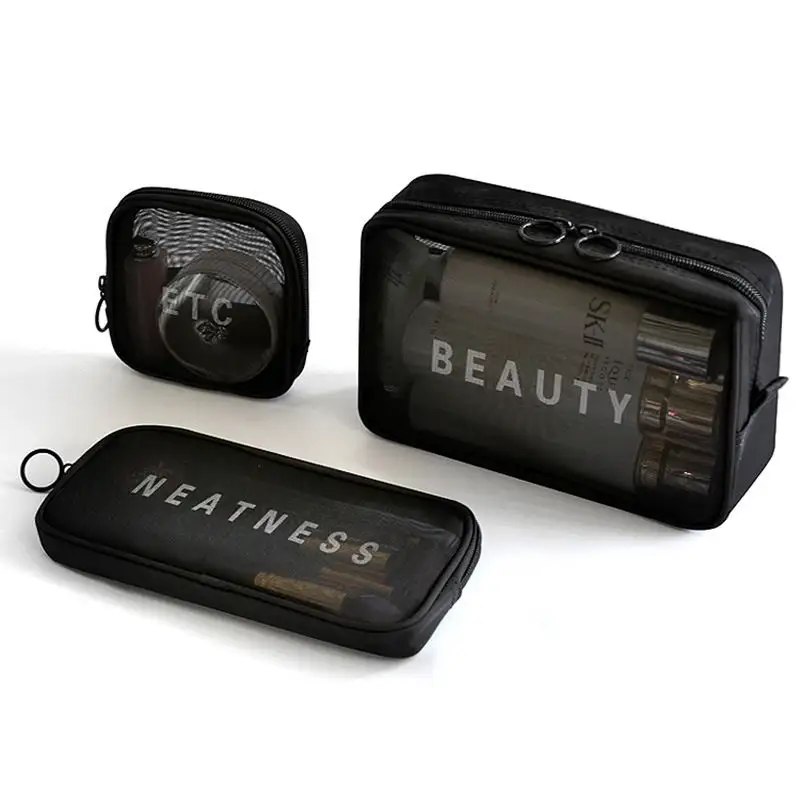 En gros personnalisé imperméable à l'eau maille de nylon transparent logo petits grands kits de voyage maquillage sac cosmétique