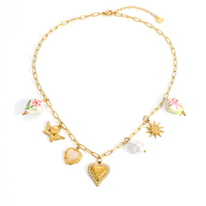 Collar de cadena para clavícula chapado en oro con forma de corazón, con incrustaciones de perlas y diamantes, estilo vacacional. - Product Image 5