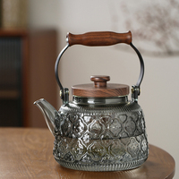 Théière transparente en verre borosilicate de haute qualité, design rétro rustique gaufré, couleur gris, avec poignée en bois