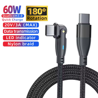 Cable USB C a USB C de Carga Rápida de 60 W 3 A 180 °   Cable giratorio de nailon trenzado tipo C para carga y transferencia de datos para Apple Samsung