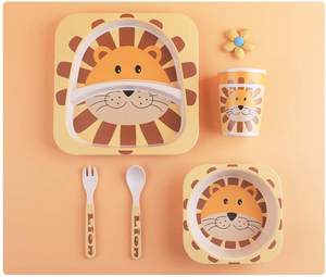 Ensemble de vaisselle pour enfants fibre de bambou naturelle ensemble de 5 pièces avec plaque bol tasse cuillère fourchette sans BPA lavable au lave-vaisselle dessin animé Design <span class=keywords><strong>Lion</strong></span> - Product Image 2