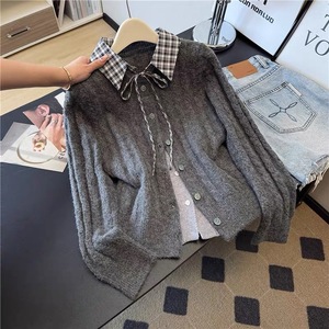 เสื้อคาร์ดิแกนถักไหมพรมสำหรับผู้หญิงช่วงต้นฤดูใบไม้ร่วง คอตั้ง ดีไซน์สองชิ้นแบบหลอกตา สไตล์นักศึกษา สีพื้น ผ้าฝ้าย ผูกโบว์ - Product Image 4