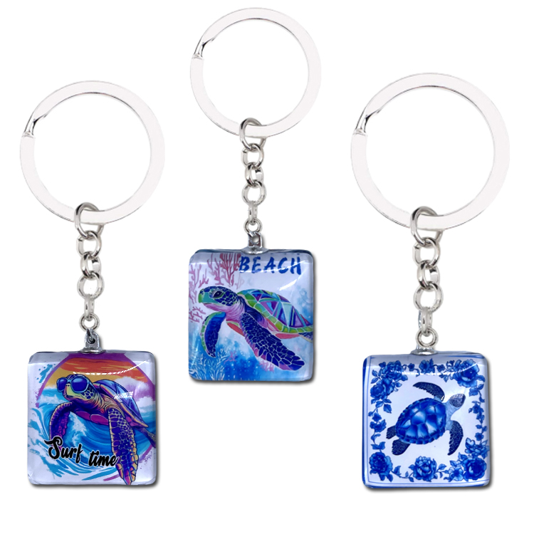 Custom Logo Square Shaped Tourist Souvenir Turtle Glass Key Chain Dome Crystal Glass Keychain