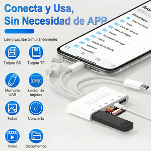 Lector de Tarjetas 5 en 1 ELE-GATE, Adaptador USB, USB-C, Lightning y OTG para Teléfonos y Tabletas - Product Image 5