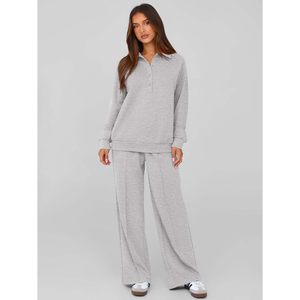 Women 2 Piece Sweatsuit Long Sleeve Quarter Button Sweatshirt Wide Leg Pants Tracksuit <b>Lounge</b> Set Casual Breathable Gray - Product Image 6
